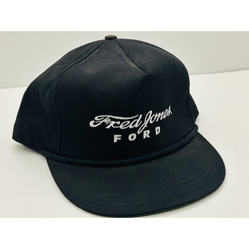 VINTAGE FRED JONES FORD HAT BLACK TRUCKER CAP ADJUSTABLE MADE IN USA